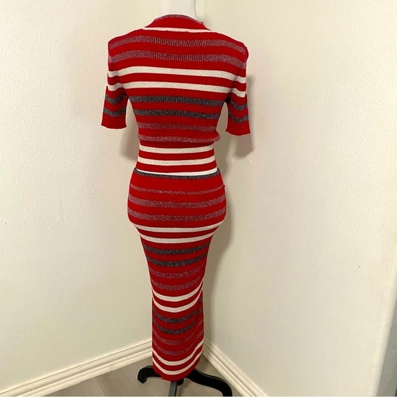 Say What 2 Piece Top & Skirt Set Red Black White Stripe Glitter Large Fits Small - Picture 6 of 13